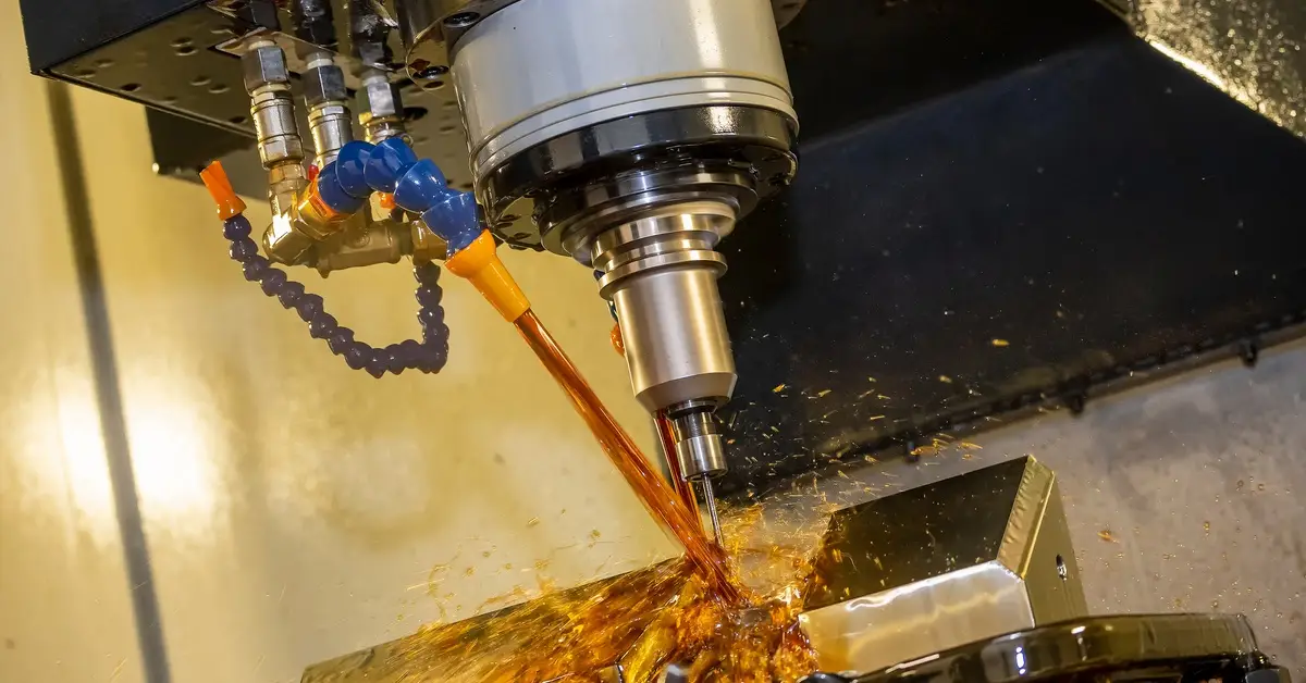 A computer numerical control milling machine cutting material as amber-colored oil coolant splashes around the area.