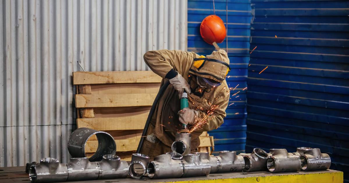A person in brown coveralls using a green power tool on a pipe as orange sparks fly from the T-shaped metal part.